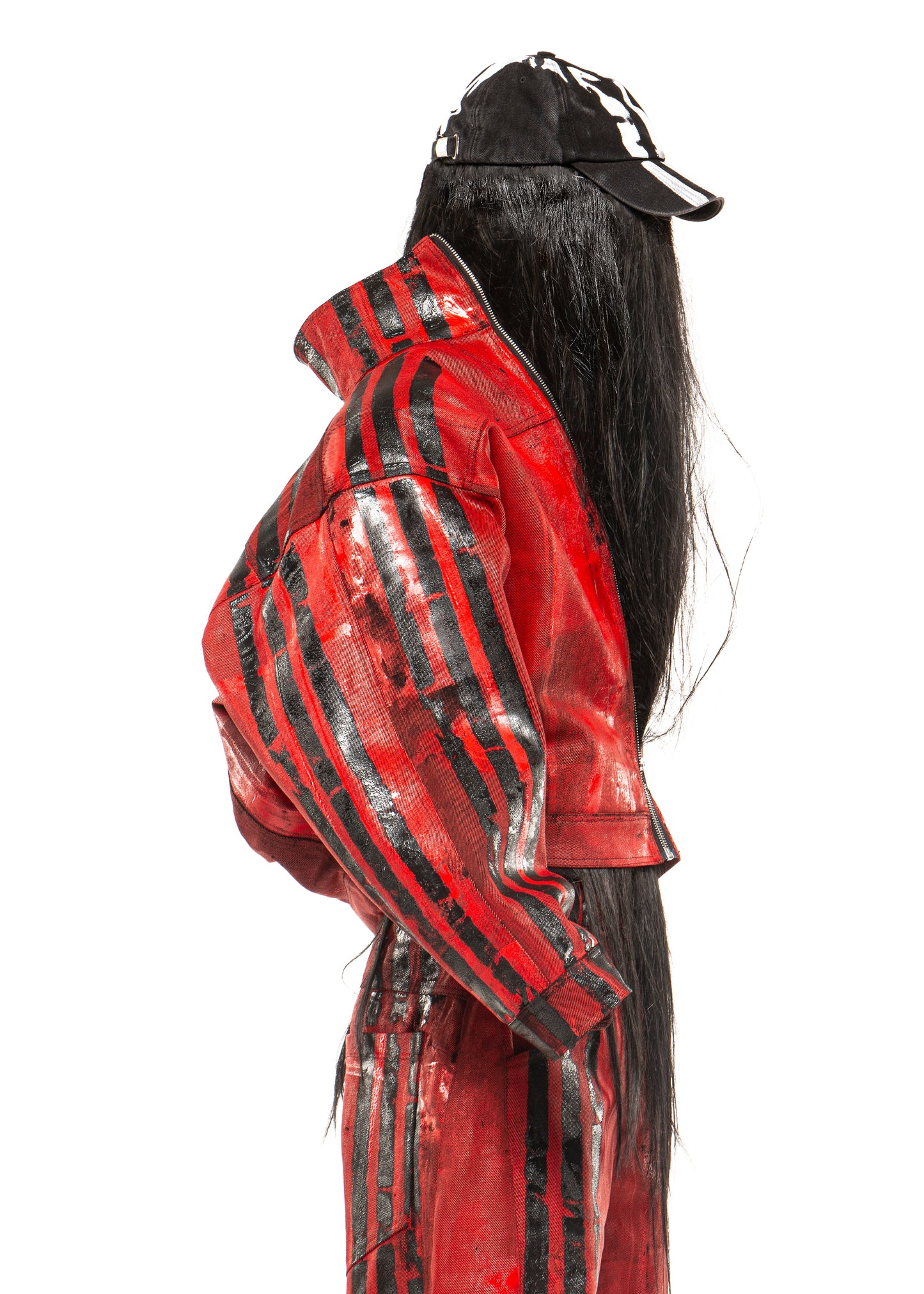 BLACK STRIPES WAXED RED JACKET