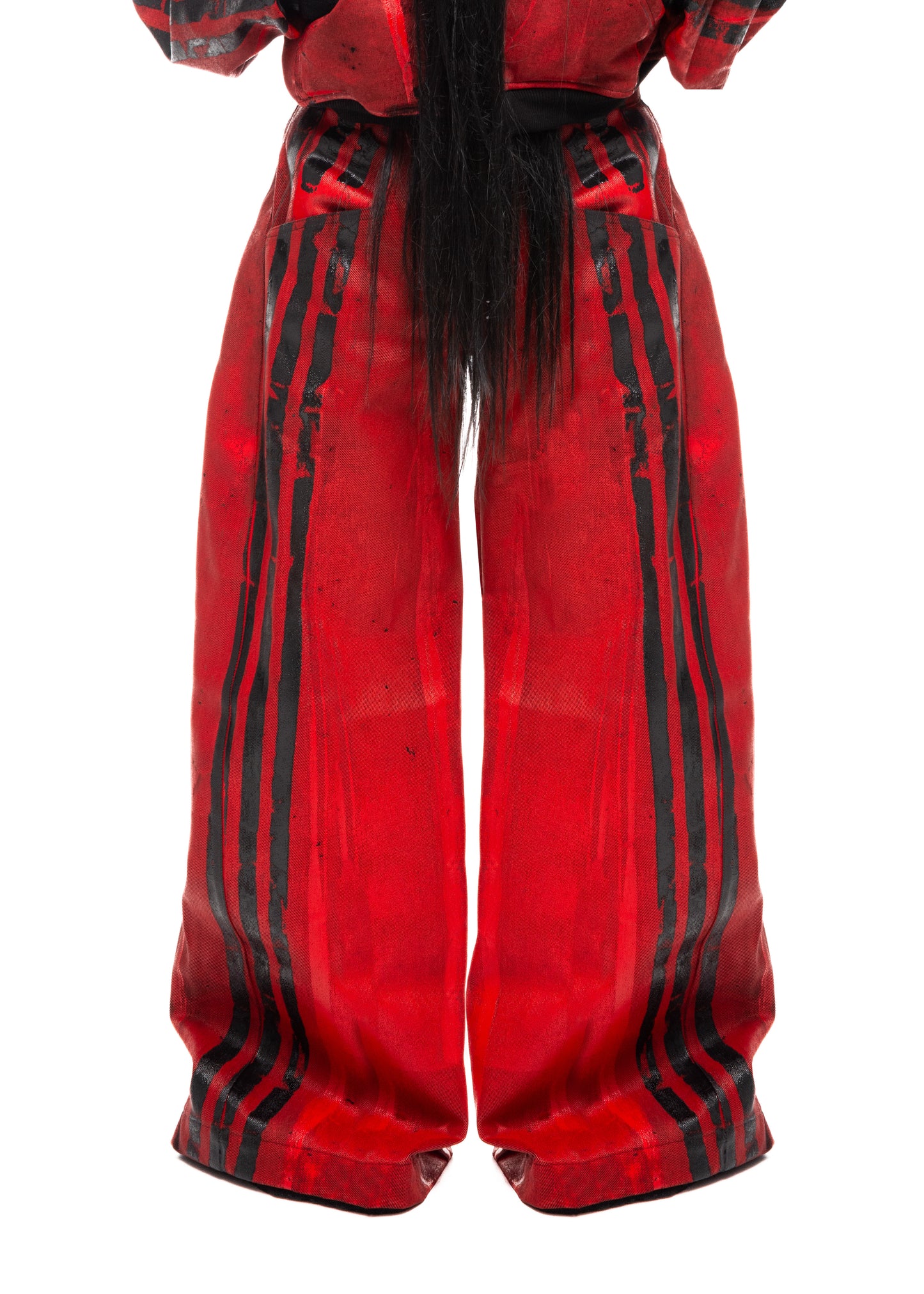 BLACK STRIPES WAXED RED JEANS