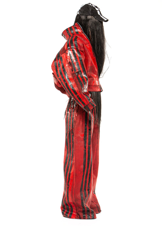 BLACK STRIPES WAXED RED JACKET