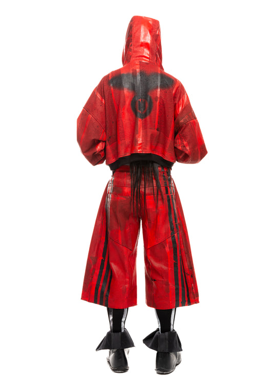 PLA4 red denim shorts with black graphic stripes, back view
