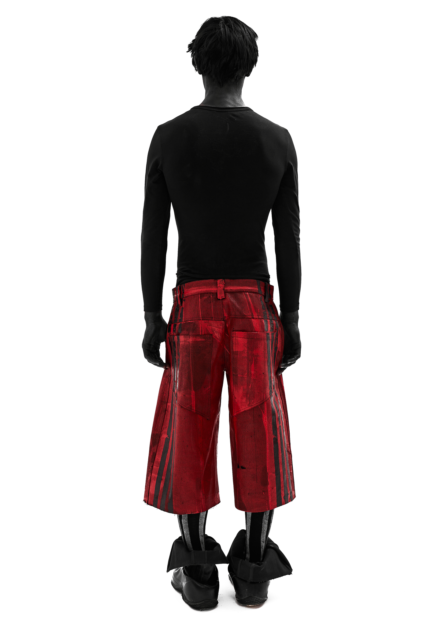 BLACK STRIPES WAXED RED DENIM SHORTS