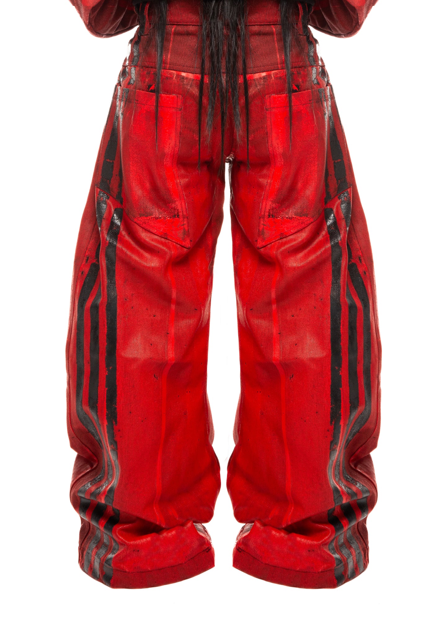 BLACK STRIPES WAXED RED JEANS