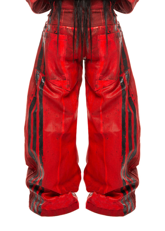 BLACK STRIPES WAXED RED JEANS
